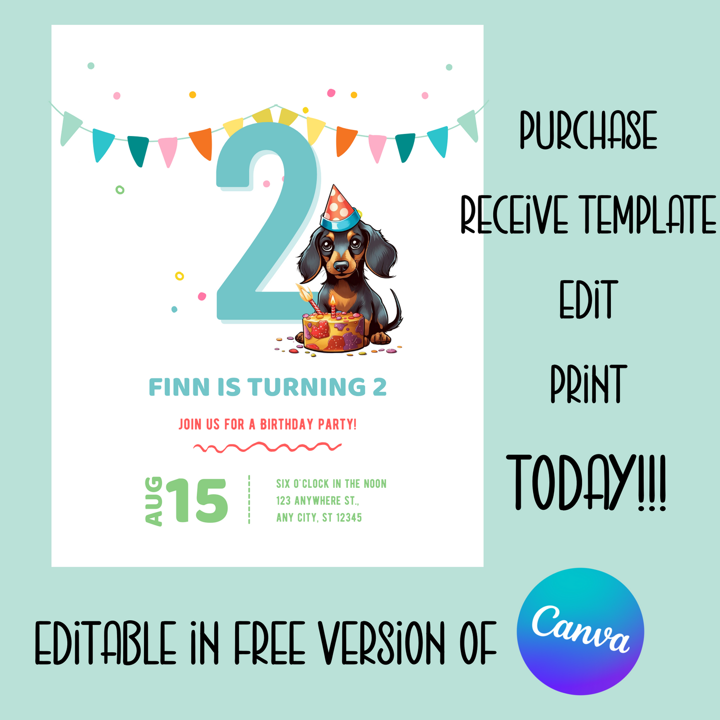 Dachshund Dog Birthday Party Invitation, EDITABLE Template, Instant Download