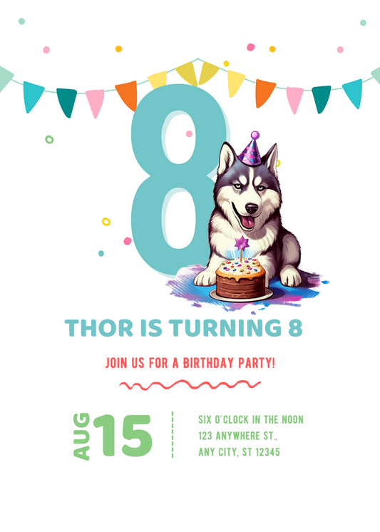 Siberian Husky Dog Birthday Party Invitation, EDITABLE Template, Instant Download