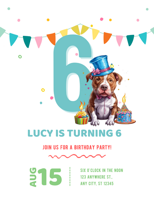 Pitbull Dog Birthday Party Invitation, EDITABLE Template, Instant Download