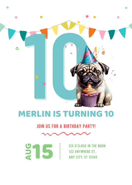 Pug Dog Birthday Party Invitation, EDITABLE Template, Instant Download