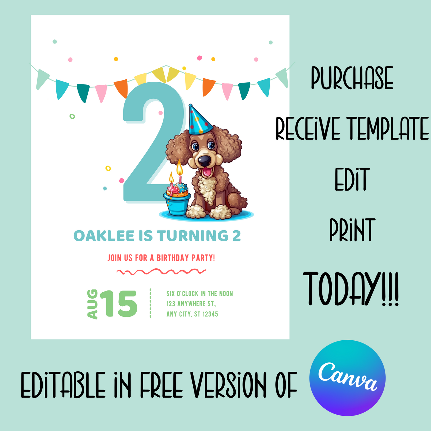 Doodle Dog Birthday Party Invitation, EDITABLE Template, Instant Download